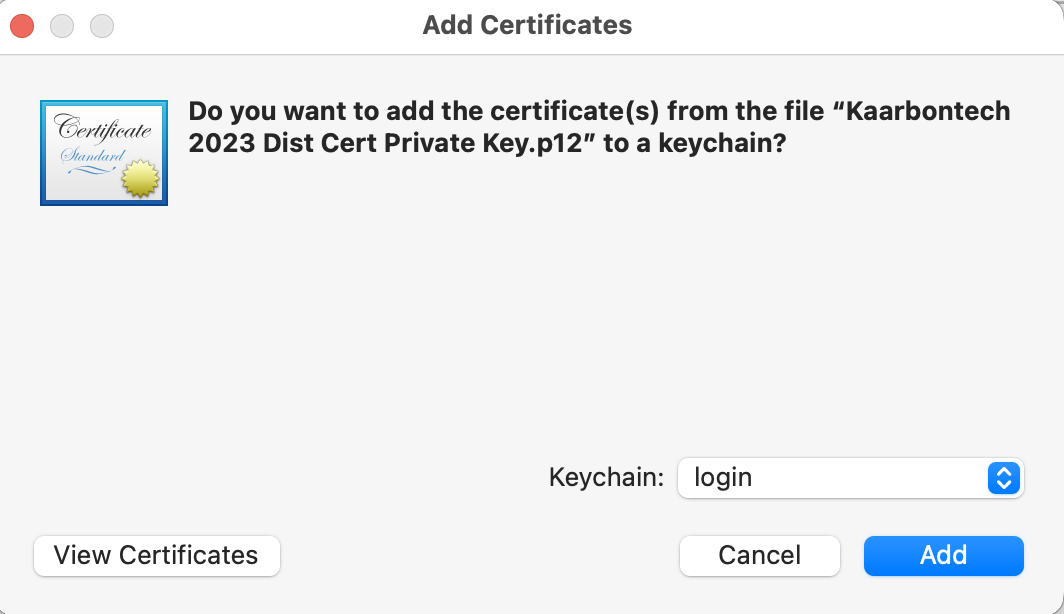 Adding p12 to login keychain